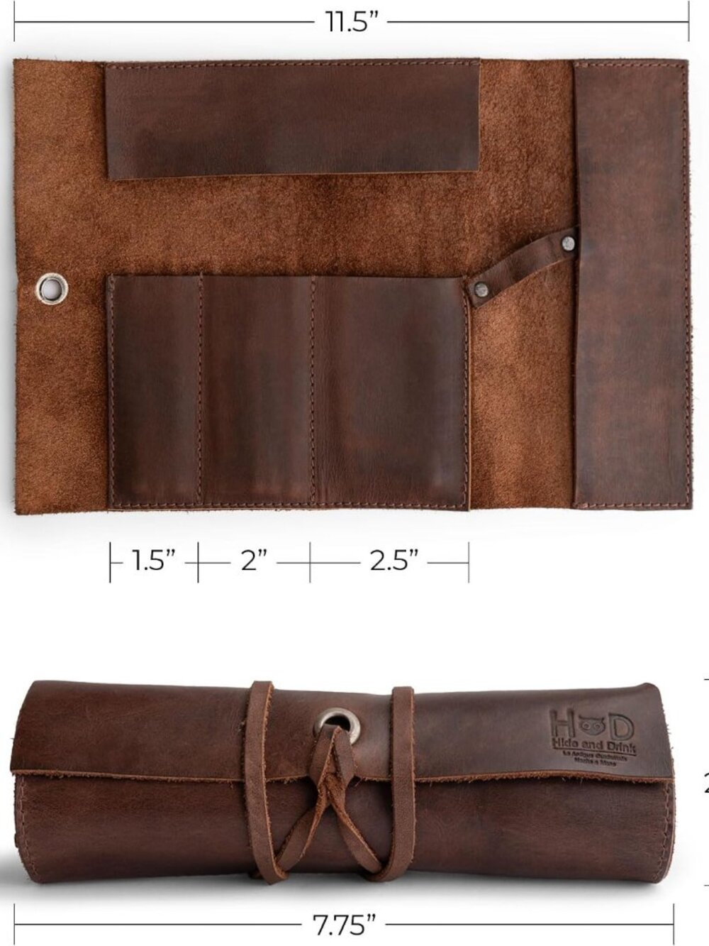 Rustic Leather Pencil Roll Pouch, Multi-Purpose Storage Wrap for Scissors, Earph - Picture 2 of 5